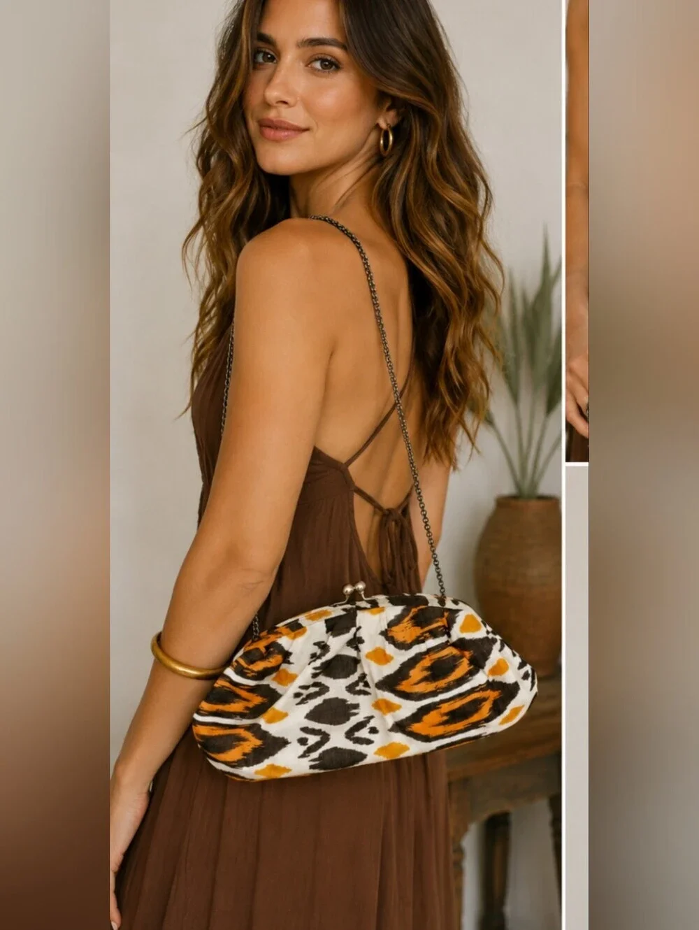K.C.MALHAN Ikat Printed Woven Cloth Dumpling Chain Bag In Orange/brown Multi.